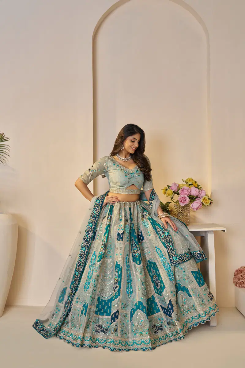 Kf 492 Sky Blue Banarasi Silk Indian Bridal Lehenga Wholesale Online